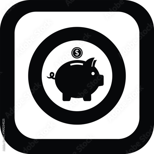 Black piggy bank icon with coin on top in a square frame for financial or savings concept