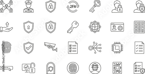 Cybersecurity icons, data protection symbols, digital identity graphics, secure access, privacy tools, encryption, authentication, surveillance, network security, compliance