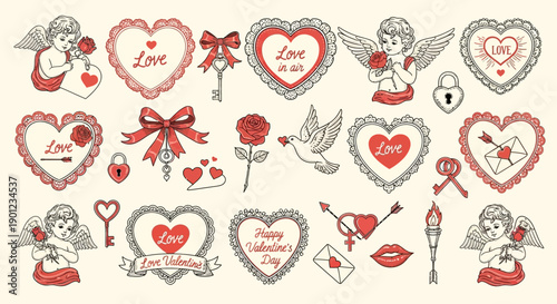 Valentine's Day Icon Set with Hearts, Cherubs, and Love Symbols