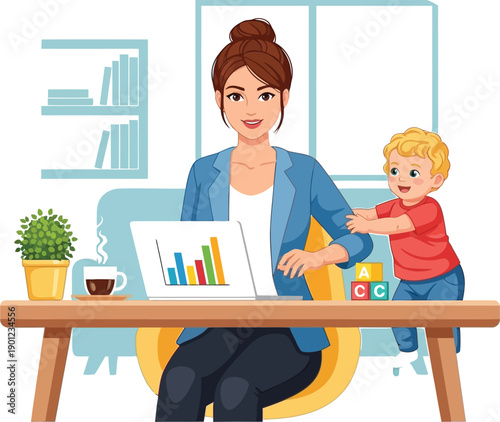 Remote working mother with child playing beside her at home office