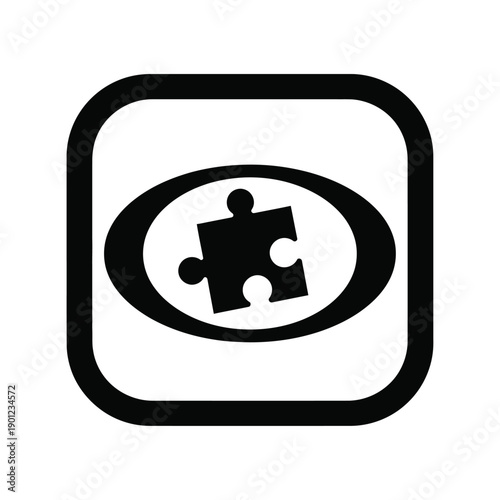 Black puzzle piece icon in a rounded square frame on isolated with oval shape