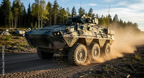 Military Armored Vehicle Driving on Dirt Road in Forest