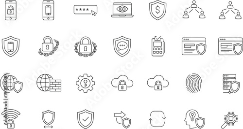 Cybersecurity icons, data protection symbols, secure access graphics, encryption visuals, network security, firewalls, authentication, surveillance, privacy, threat detection