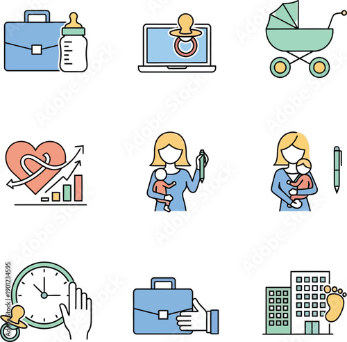 Collection of cartoon icons representing work parenting and daily life