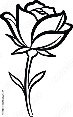 A simple line drawing of a single rose flower with leaves on a white background