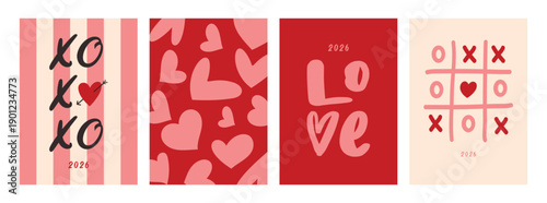 Modern Valentine's Day Card Set with Pink Stripes, Bold Heart Patterns, Hand-Drawn Love Lettering, and Tic-Tac-Toe Game - Set of 4 Flat Vector Illustrations for 2026