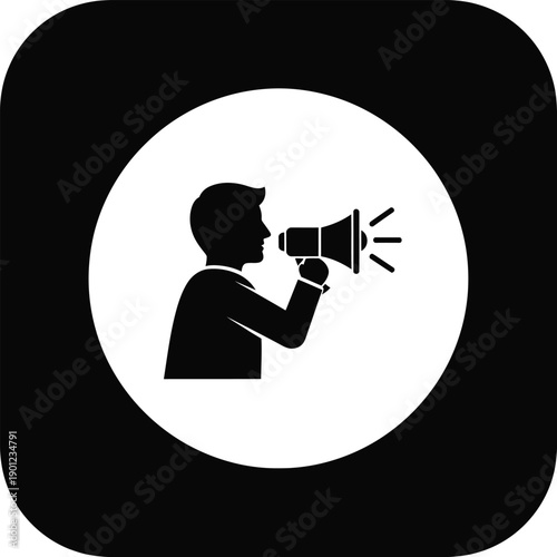 A black silhouette of a man holding a megaphone in a white circle on a with lines indicating sound waves coming out