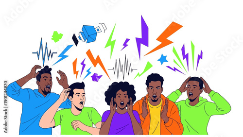 Digital Sensory Overload and Noise Pollution. Diverse Group Reacting to Shock, Stress, and Information Confusion. Modern Vector Illustration.