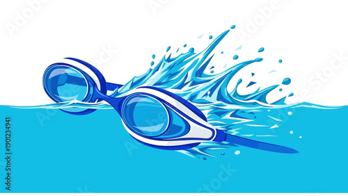 Dynamic Swimming Goggles Vector Illustration with Water Splash and Wave. Blue Aquatic Equipment Graphic Design for Sports, Fitness, and Summer Concepts.