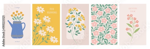 Foto Set of hand-drawn floral illustrations in crayon style with pastel flowers, leav