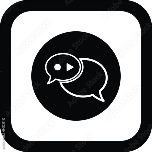 Black and white icon of two chat bubbles with a play button inside one of them for video or messaging concepts