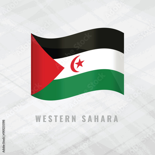 3D illustration of the waving flag of Western Sahara. National symbol of the Sahrawi Arab Democratic Republic on a textured grey background featuring traditional pan-Arab colors.
