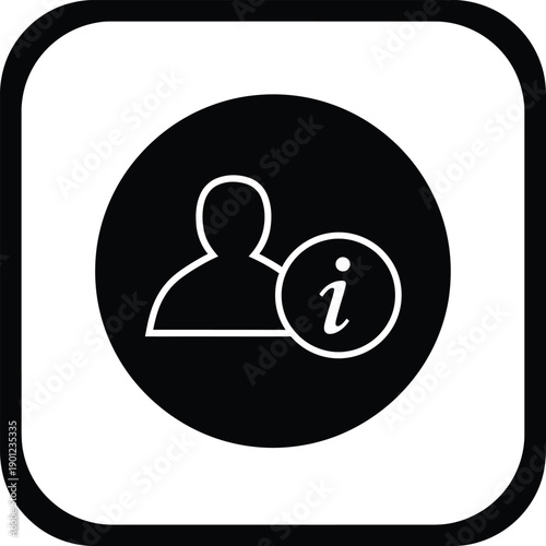 Black and white icon of a persons profile with an information symbol