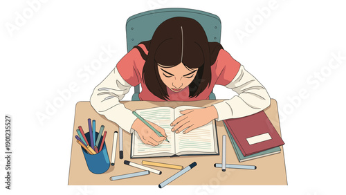 Diligent young student girl, seen from above, intently writing in her notebook at a desk surrounded by school supplies and books.