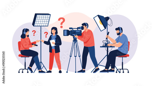 Professional film crew, with cameraman and sound engineer, conducting an interview, while a host asks questions with a notepad.