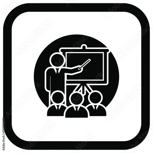 A black and white icon of a man presenting on a blackboard to a group of people in a square frame with rounded corners and a black border