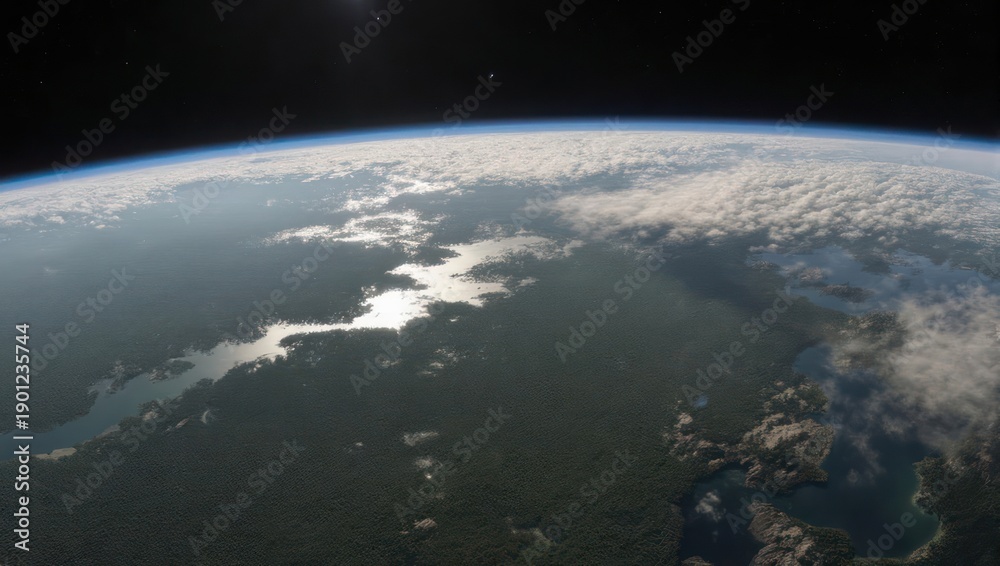 Fototapeta premium A sweeping view of Earth from space, showing the curvature, clouds, land, and oceans bathed in sunlight