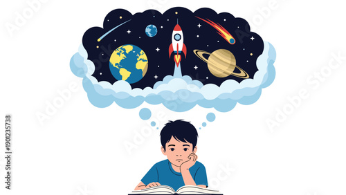 Young boy intently reading a book, with a large thought bubble above his head displaying planets, a rocket, and outer space, symbolizing imagination.