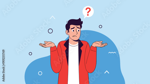 Confused man shrugging his shoulders with open hands, featuring a prominent question mark above his head, symbolizing uncertainty and indecision.