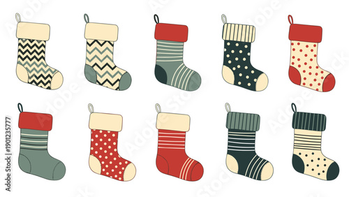 Set of ten decorative Christmas stockings featuring festive patterns such as stripes polka dots and chevrons in classic red and green colors.