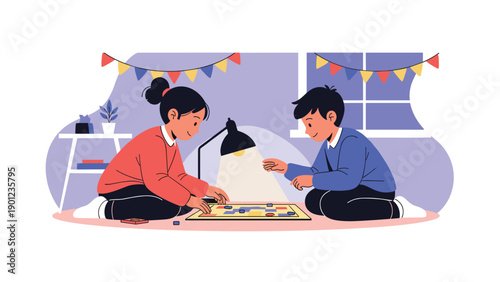Happy boy and girl sitting comfortably on the floor, deeply engaged in playing a board game together under the warm glow of a lamp.