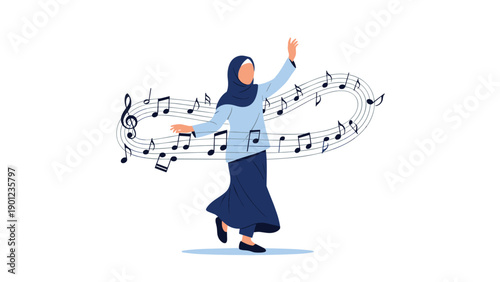 Elegant Muslim woman wearing a hijab, dancing gracefully and expressively amidst a swirling pattern of floating musical notes and a musical staff.