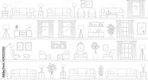 A blurry sketch image of various furniture pieces isolated on transparent background