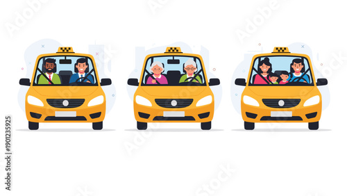 Three distinct yellow taxis, each transporting different passenger groups including a diverse couple, elderly women, and a family with a child.