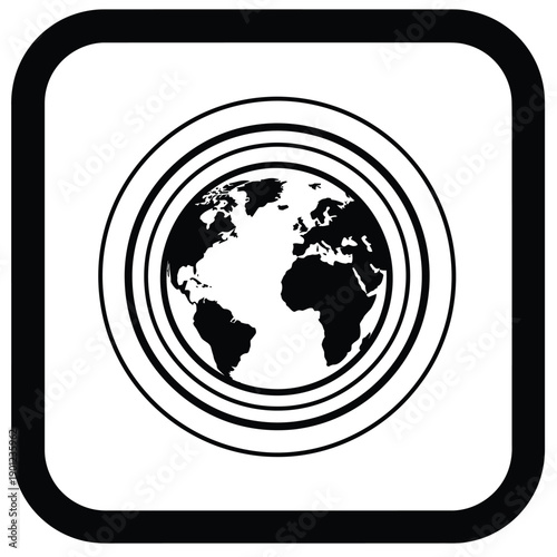 Black and white illustration of the earth with concentric circles on a within a square frame
