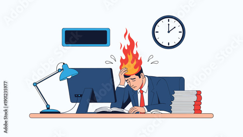 Severely stressed businessman with his head literally on fire, working intensely at a desk with a computer and stacks of books, indicating burnout.