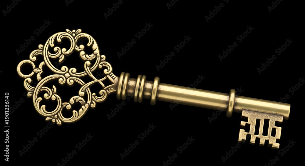 Obraz premium An antique golden metal key stands out as a vintage symbol of success and security, an old rusty object designed to unlock a safe home or business door isolated on a dark black background