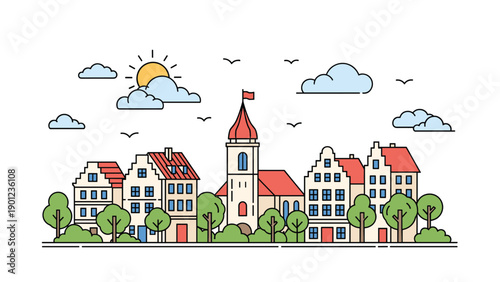 Charming colorful line art illustration of a traditional European town skyline featuring a church tower and quaint colorful residential houses.