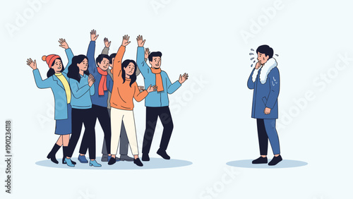 Group of enthusiastic people waving excitedly at a single man who appears distressed or sick, highlighting a contrast in emotions or situations.
