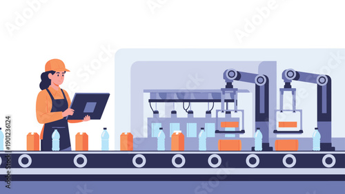 Diligent female factory worker overseeing a modern product packaging line, featuring robotic arms and automated conveyor belts, ensuring efficiency.