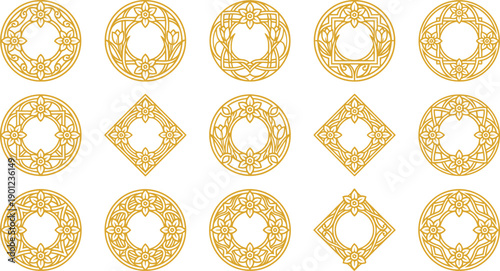 Gold shapes pattern displaying symmetry, luxury and elegant geometry arrangement, captured from a frontal viewpoint reminiscent of a daffodil design