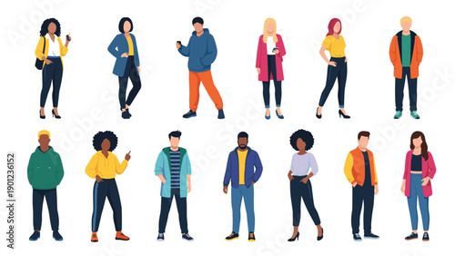 Diverse group of men and women standing in a row wearing a wide variety of fashionable casual and professional clothing styles and colors.