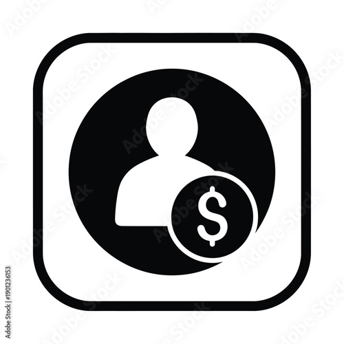 Black and white icon of a persons silhouette with a dollar sign in a circle on a for finance or banking concept