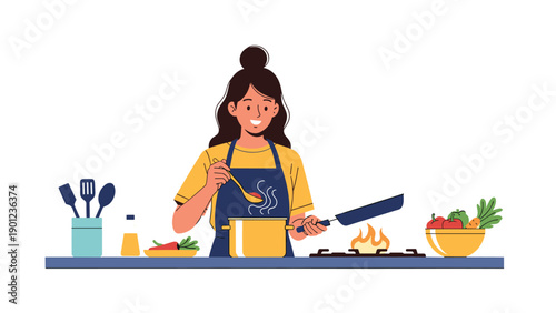Happy woman with her hair in a bun wearing an apron while cooking a meal in a pot on a gas stove in the kitchen.