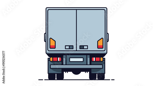 Rear view illustration of a large grey cargo truck with tail lights and bumper isolated on a white background.