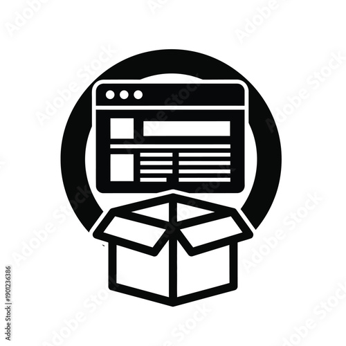 A black and white icon of a web page coming out of a cardboard box on a plain