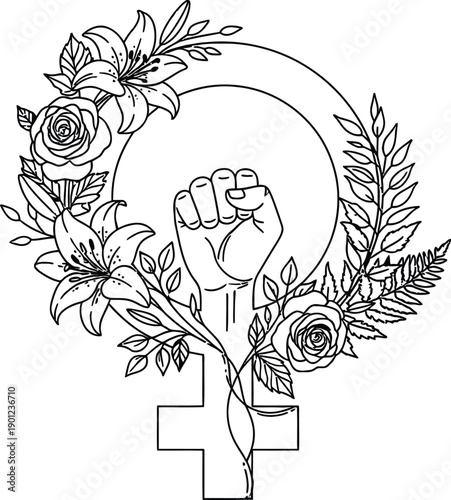 Empowerment symbol with floral wreath and raised fist