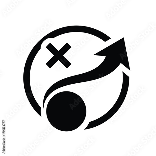 Black and white circular icon with an arrow and an x mark