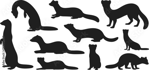 Otter and weasel silhouettes collection, mustelid animals in different poses, black wildlife mammal shapes, minimalist nature icons, isolated on white background