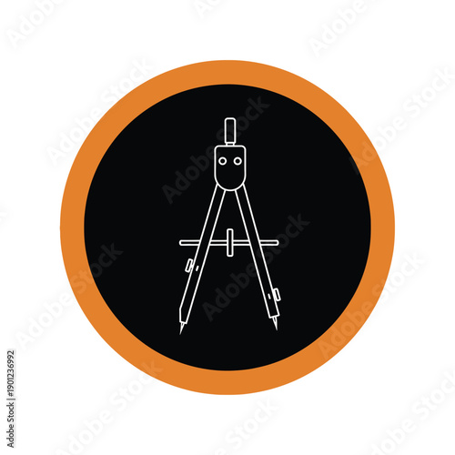 A drawing compass icon in a black circle with an orange border on isolated for design and drafting concepts
