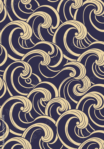 Traditional Japanese Seigaiha Wave Pattern in Indigo and Beige