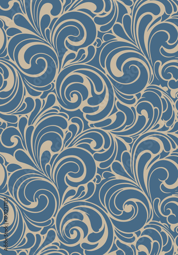 Classic Blue-Gray and Tan Baroque Damask Scrollwork Pattern