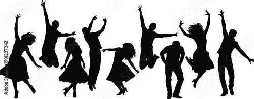 SILHOUETTE OF HAPPY PEOPLE JUMPING IN CELEBRATION, CROWD OF FRIENDS DANCING AND CHEERING, FESTIVE GROUP PARTY VECTOR ILLUSTRATION FOR ADOBE STOCK, SUCCESS, JOY