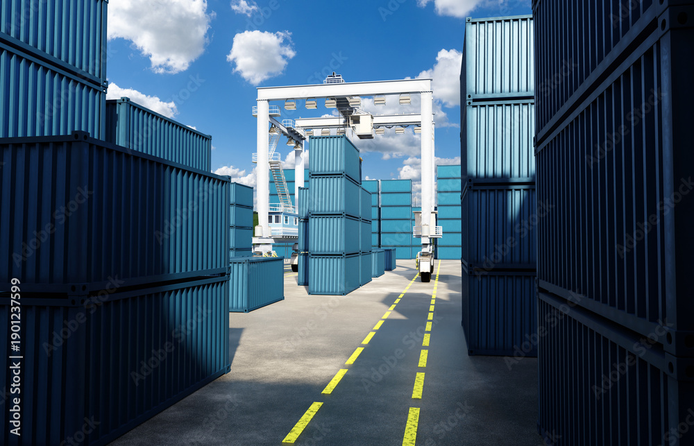 Fototapeta premium Container terminal operations, Port logistics. Stacked shipping containers and gantry crane handling cargo in container yard for loading, storage, and global freight transport, 3d image