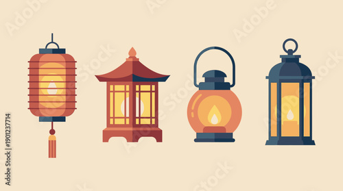 Flat vector illustration set featuring a diverse collection of decorative hanging and standing lantern designs with warm glowing light effects