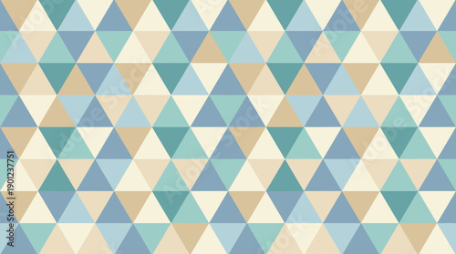 Geometric Mosaic Triangle Pattern Seamless Background in Soft Blue, Beige, and Teal Tones